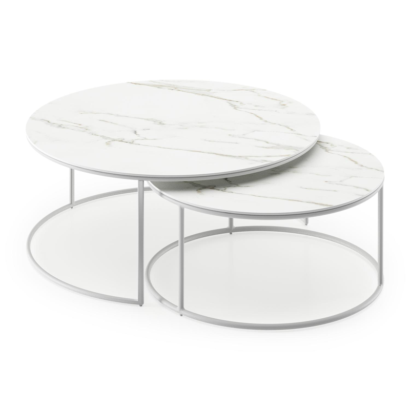 Fano loungetafels in wit aluminium en calacatta volkeramiek - Dia. 85/65 x H 35/30 cm