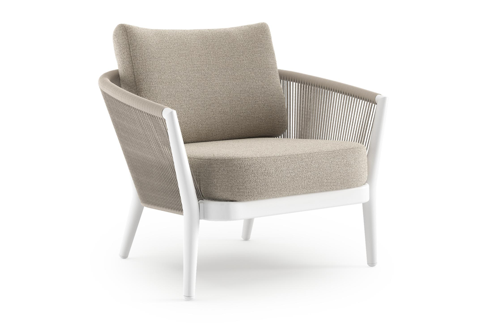 Fauteuil de jardin Orso en aluminium blanc en corde ronde tissée verticalement beige et coussins en all weather cosytica Catania Greige