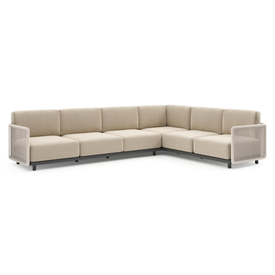 Organo loungehoek in zwart aluminium en beige verticaal geweven luxe vlakke rope met althea chalk all weather Cosytica kussen