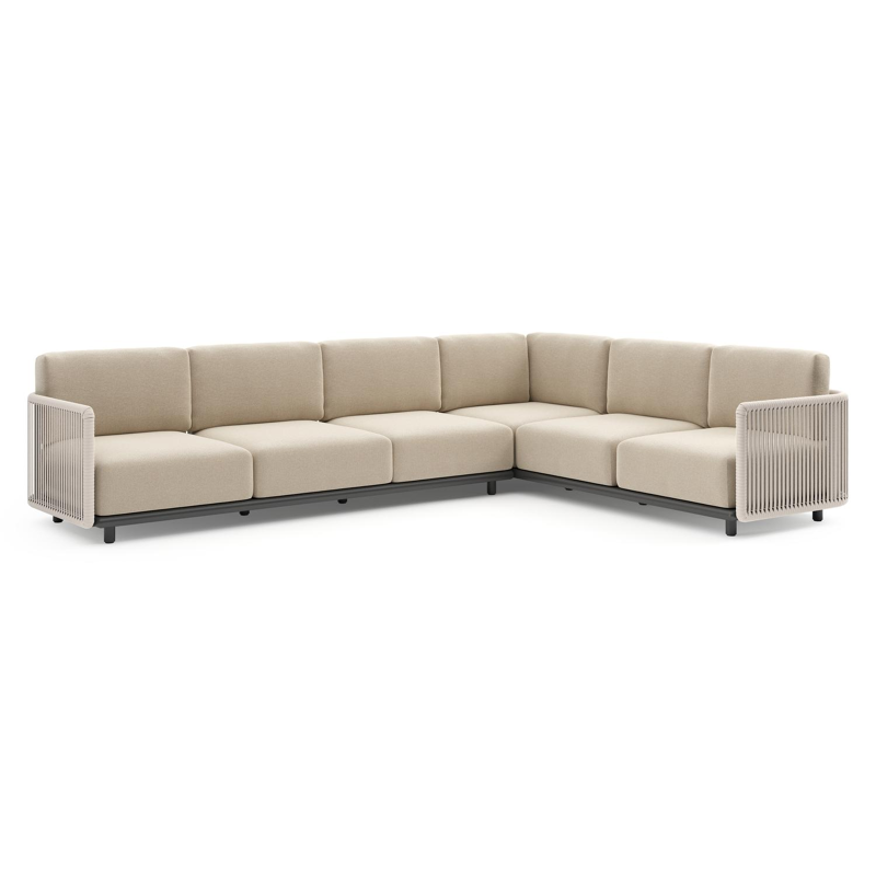 Organo loungehoek in zwart aluminium en beige verticaal geweven luxe vlakke rope met althea chalk all weather Cosytica kussen