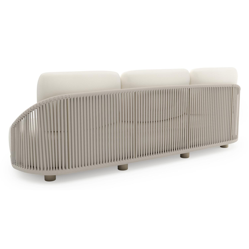 Canapé de jardin Vadelo en aluminium beige et corde ronde tissée verticalement beige et coussins en all weather sunbrella® luxe natte white