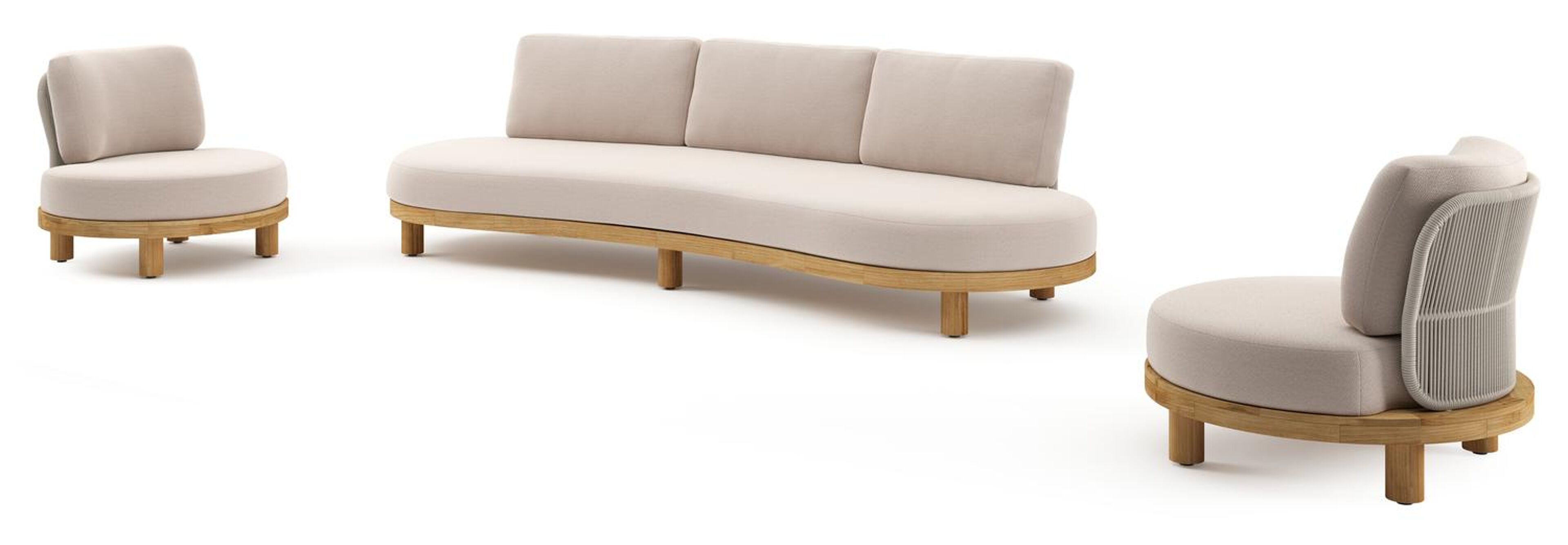 Salon de jardin Donato en teck et corde ronde tissée verticalement beige et coussins en all weather sunbrella® luxe Wander Pilat