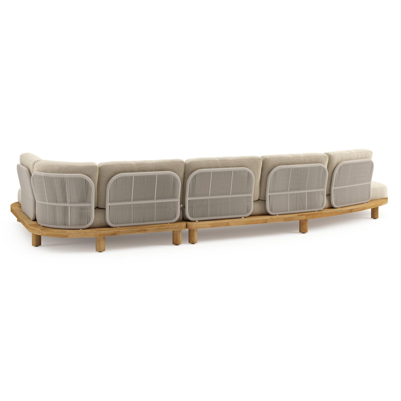 Donato loungehoek in teak en beige verticaal geweven ronde rope met all weather cosytica Althea Camel kussen