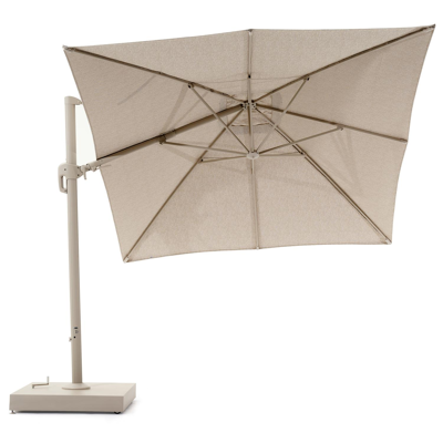 Rufina zweefparasol met tiltfunctie in beige aluminium en Sunbrella Luxe Tundra Sand parasoldoek met Minore beige parasolvoet 260 kg - L1 400 x L2 300 cm