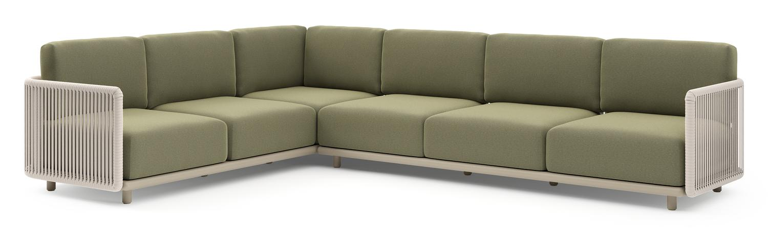 Salon de jardin d'angle Organo en aluminium beige et corde luxe plate tissée verticalement beige et coussin en all weather Sunbrella® luxe heritage leaf