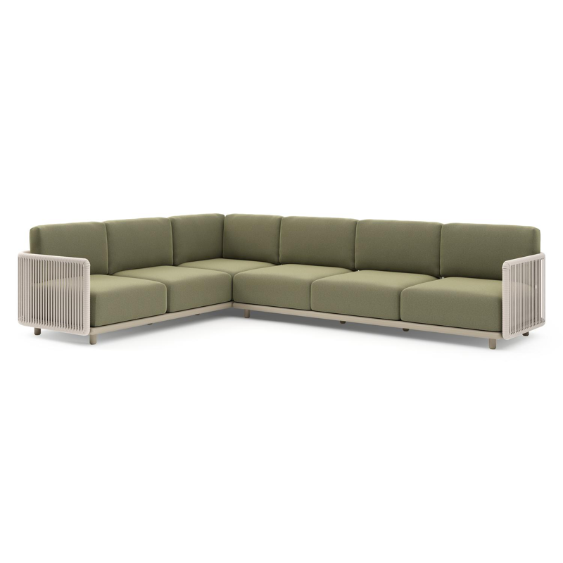 Salon de jardin d'angle Organo en aluminium beige et corde luxe plate tissée verticalement beige et coussin en all weather Sunbrella® luxe heritage leaf