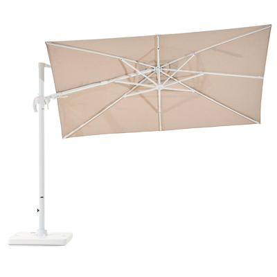 Avola zweefparasol met tiltfunctie in wit aluminium en natural Weather+ Softtouch parasoldoek - L1 200 x L2 300 cm met Pedito parasolvoet 120 kg