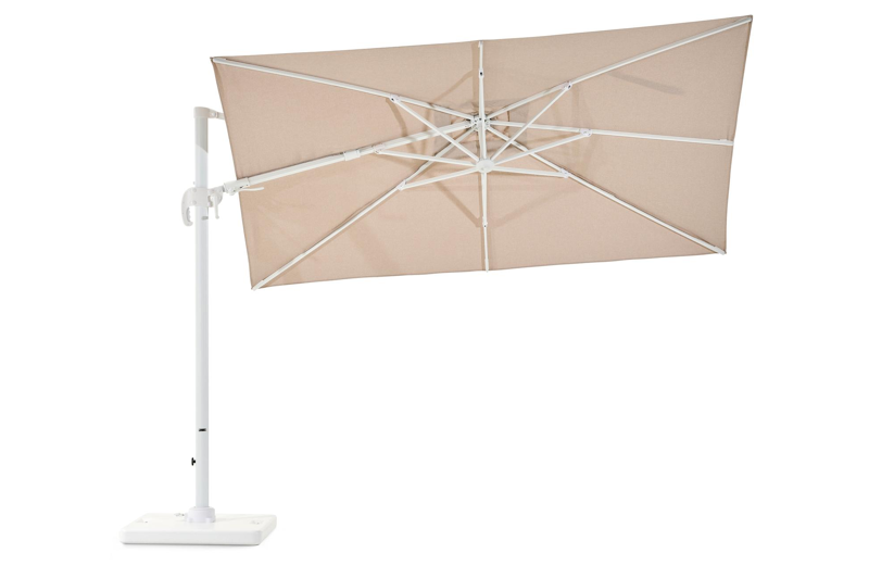 Avola zweefparasol met tiltfunctie in wit aluminium en natural Weather+ Softtouch parasoldoek - L1 200 x L2 300 cm met Pedito parasolvoet 120 kg