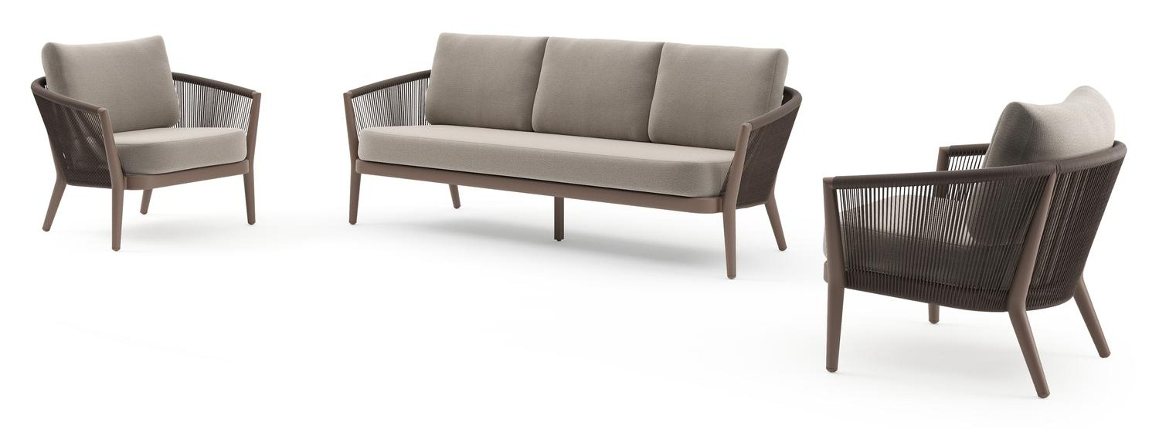 Orso loungeset in taupe aluminiumen zwart verticaal geweven ronde rope met Savane Coconut all weather sunbrella® luxe kussen