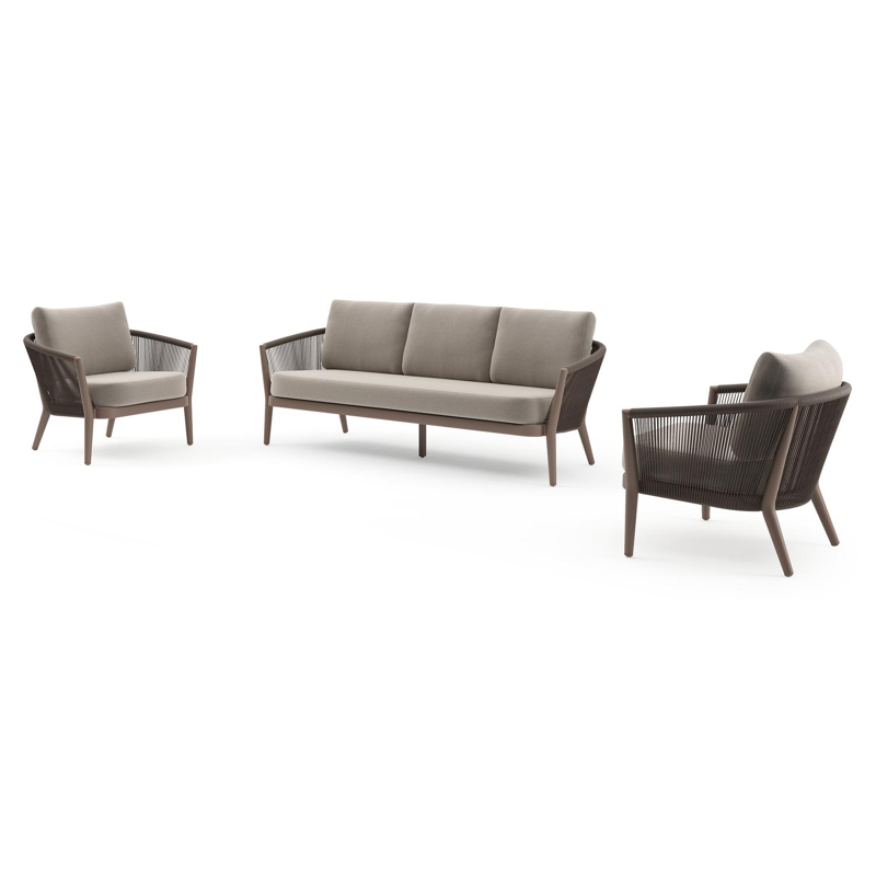 Orso loungeset in taupe aluminiumen zwart verticaal geweven ronde rope met Savane Coconut all weather sunbrella® luxe kussen