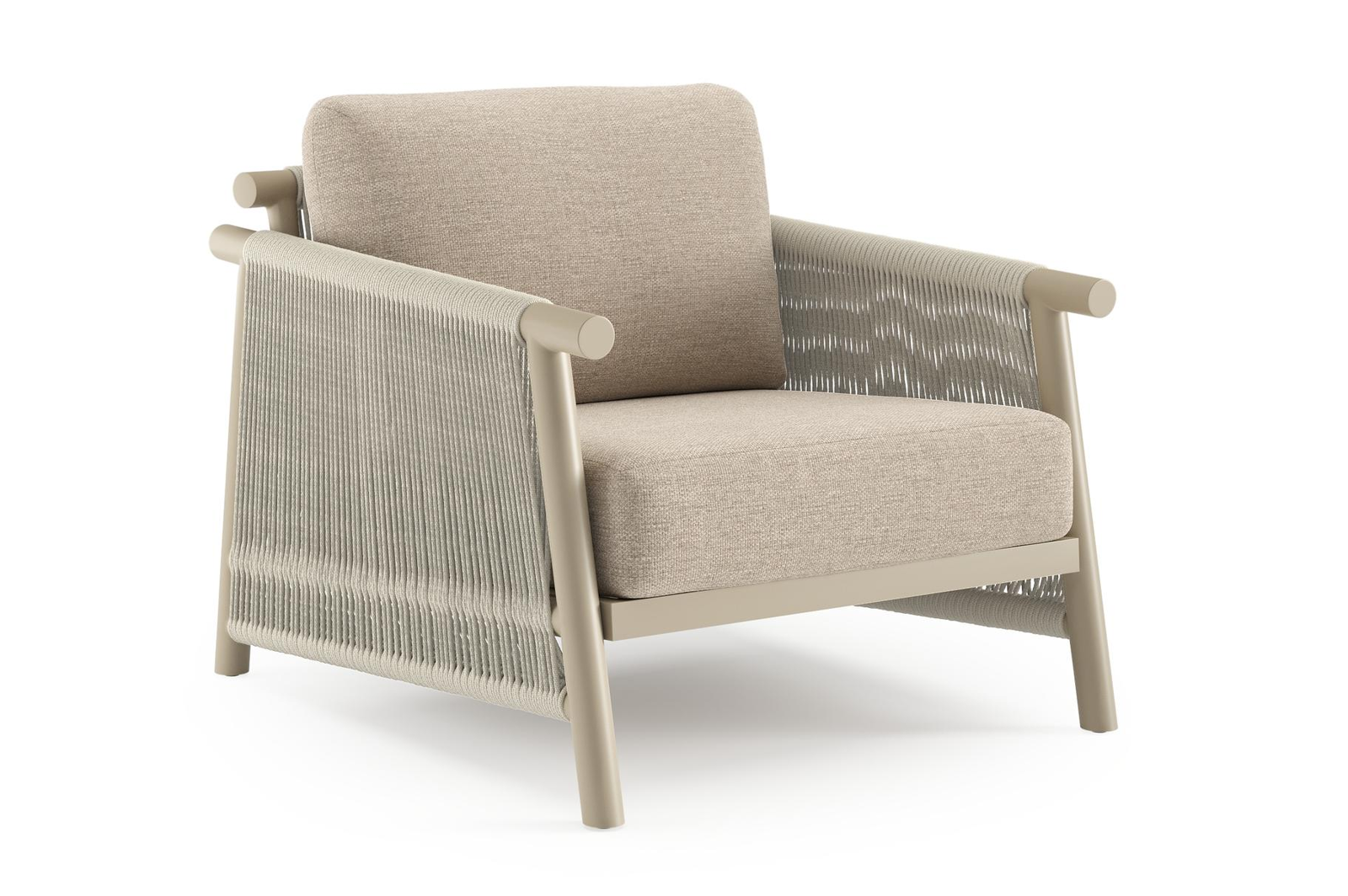 Erla loungestoel in beige aluminium en beige verticaal geweven ronde rope met rustic weather+ softtouch kussen