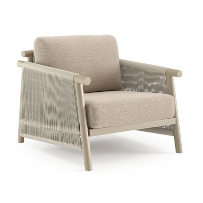 Erla loungestoel in beige aluminium en beige verticaal geweven ronde rope met rustic weather+ softtouch kussen