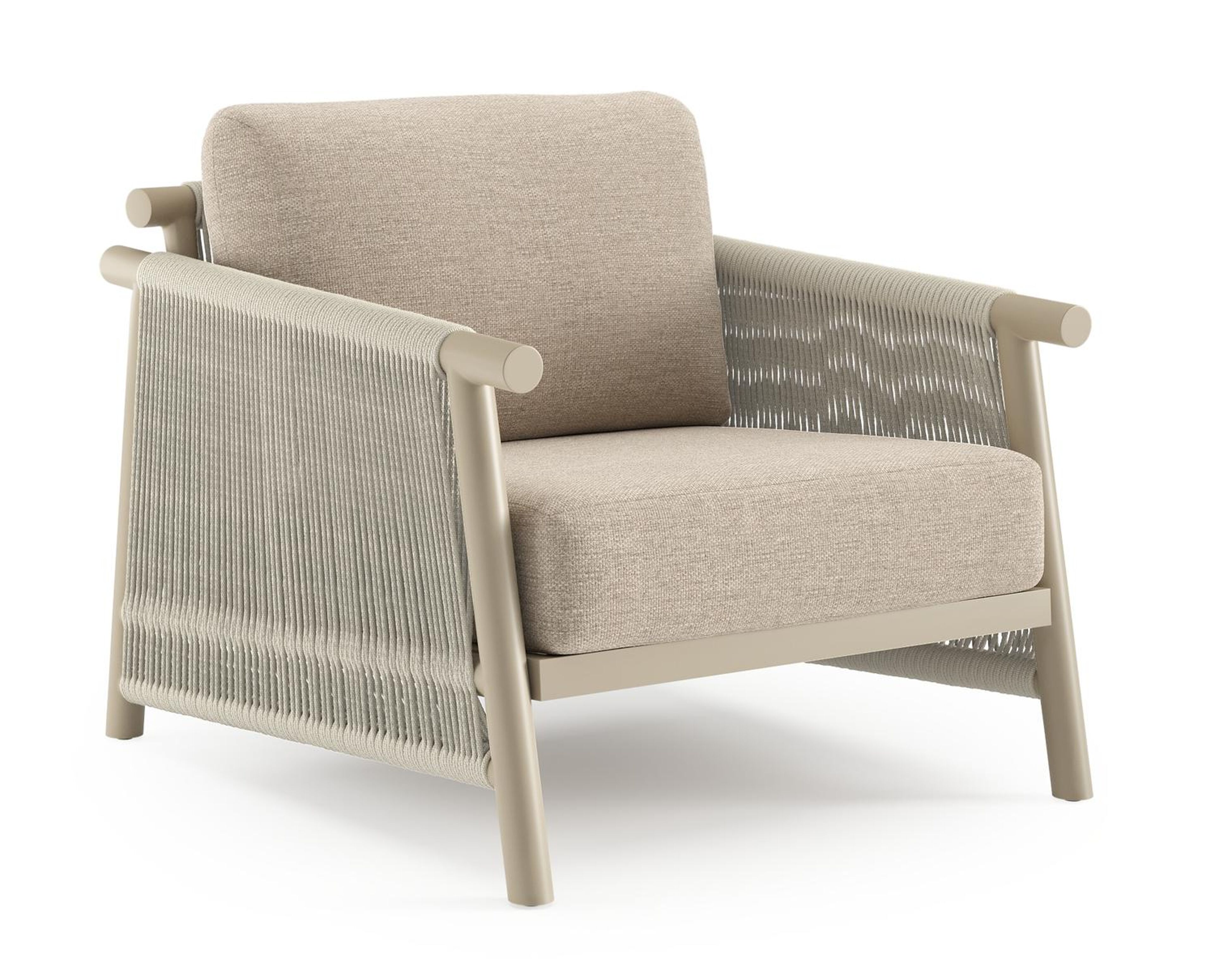 Erla loungestoel in beige aluminium en beige verticaal geweven ronde rope met rustic weather+ softtouch kussen