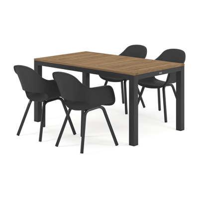 Ensemble de jardin Varese en aluminium noir avec plateau de table en teck naturel et 4 chaises de jardin Artena