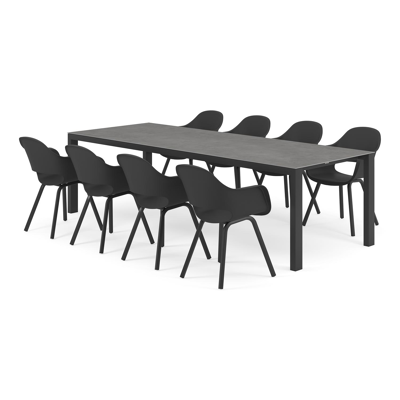 Trente tuinset in zwart aluminium en grijs volkeramiek tafelblad met 8 Artena tuinstoelen