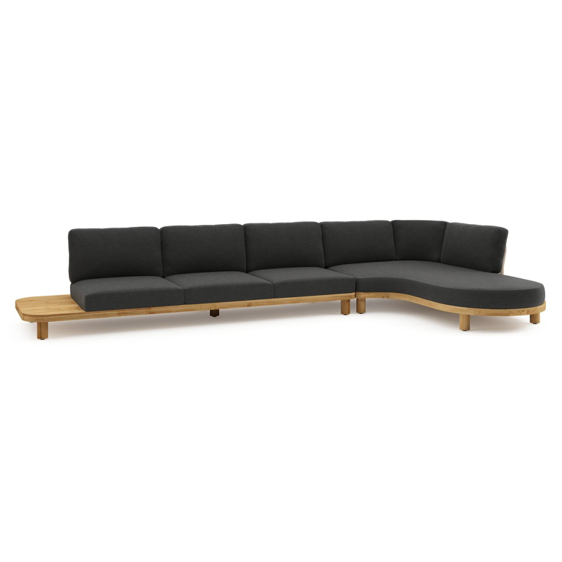 Salon de jardin d'angle Donato en teck et corde ronde tissée verticalement beige et coussins en all weather sunbrella® luxe Chartres Sooty