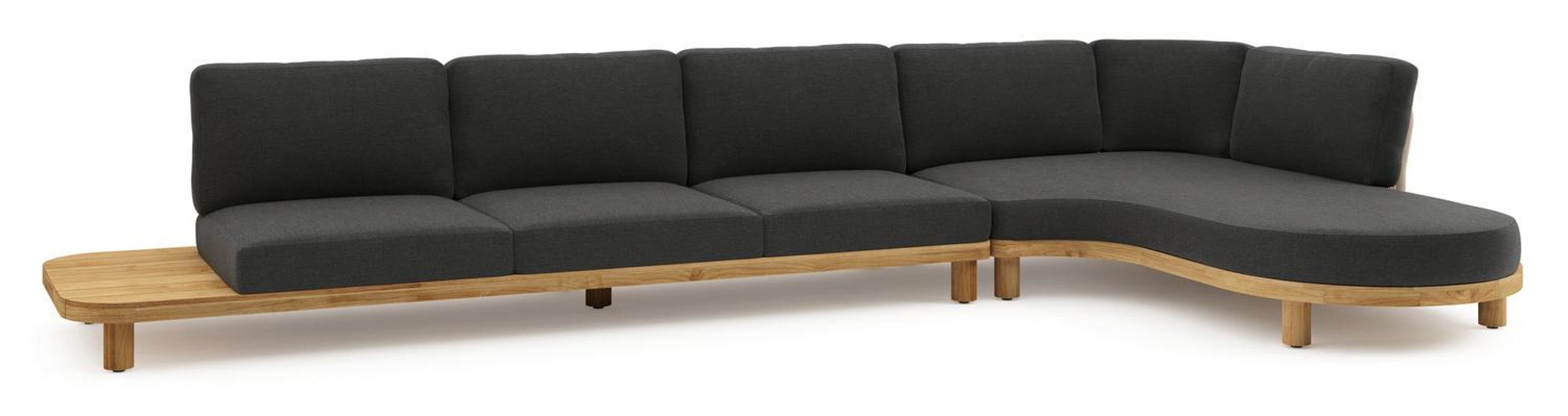 Donato loungehoek in teak en beige verticaal geweven ronde rope met all weather sunbrella® luxe Chartres Sooty kussen