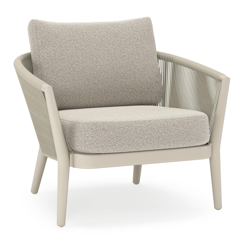 Fauteuil de jardin Orso en aluminium beige en corde ronde tissée verticalement beige et coussins en all weather solica Firenze Sand