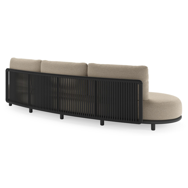 Lomano loungeset in zwart aluminium en zwart verticaal geweven luxe vlakke rope met marbella beige all weather cosytica kussen