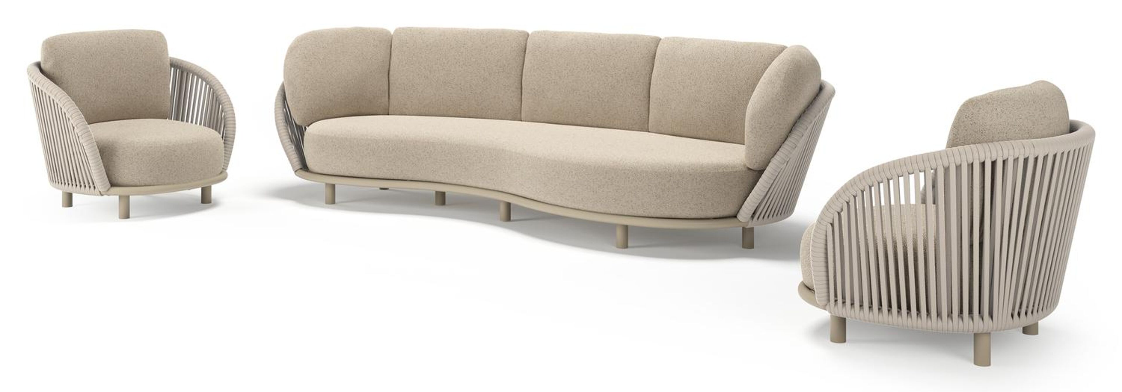 Lupino loungeset in beige aluminium en beige verticaal geweven luxe vlakke brede rope met bora desert all weather cosytica kussen