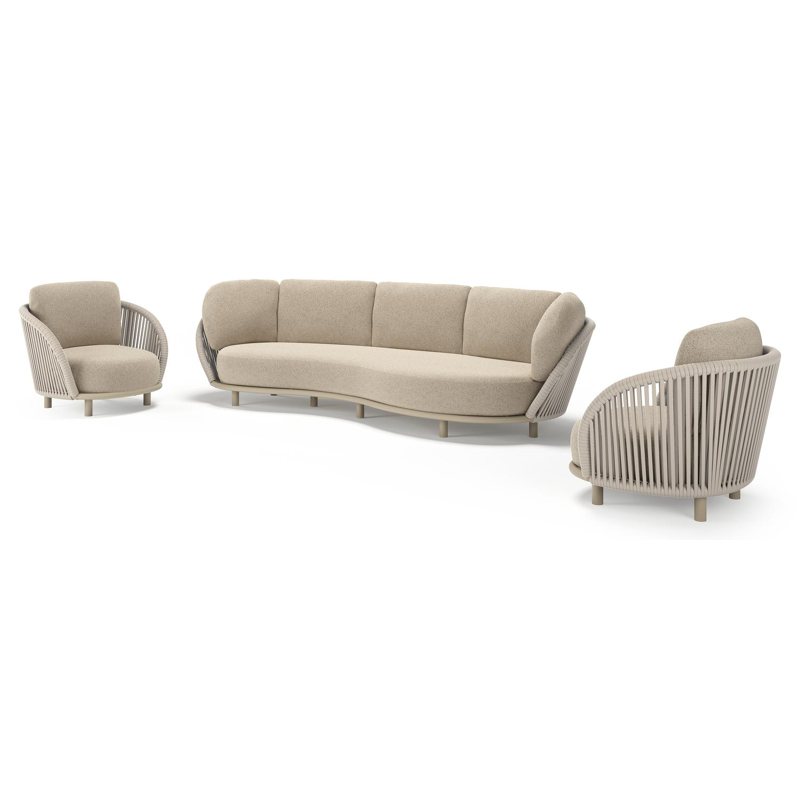 Lupino loungeset in beige aluminium en beige verticaal geweven luxe vlakke brede rope met bora desert all weather cosytica kussen