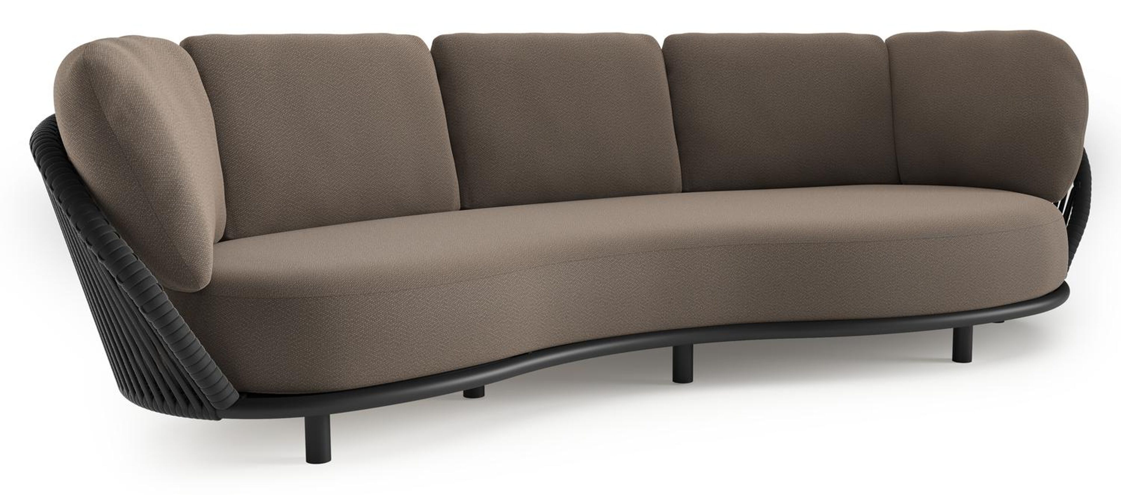 Lupino loungebank in zwart aluminium en zwart verticaal geweven luxe vlakke brede rope met lopi coconut all weather sunbrella® luxe kussen