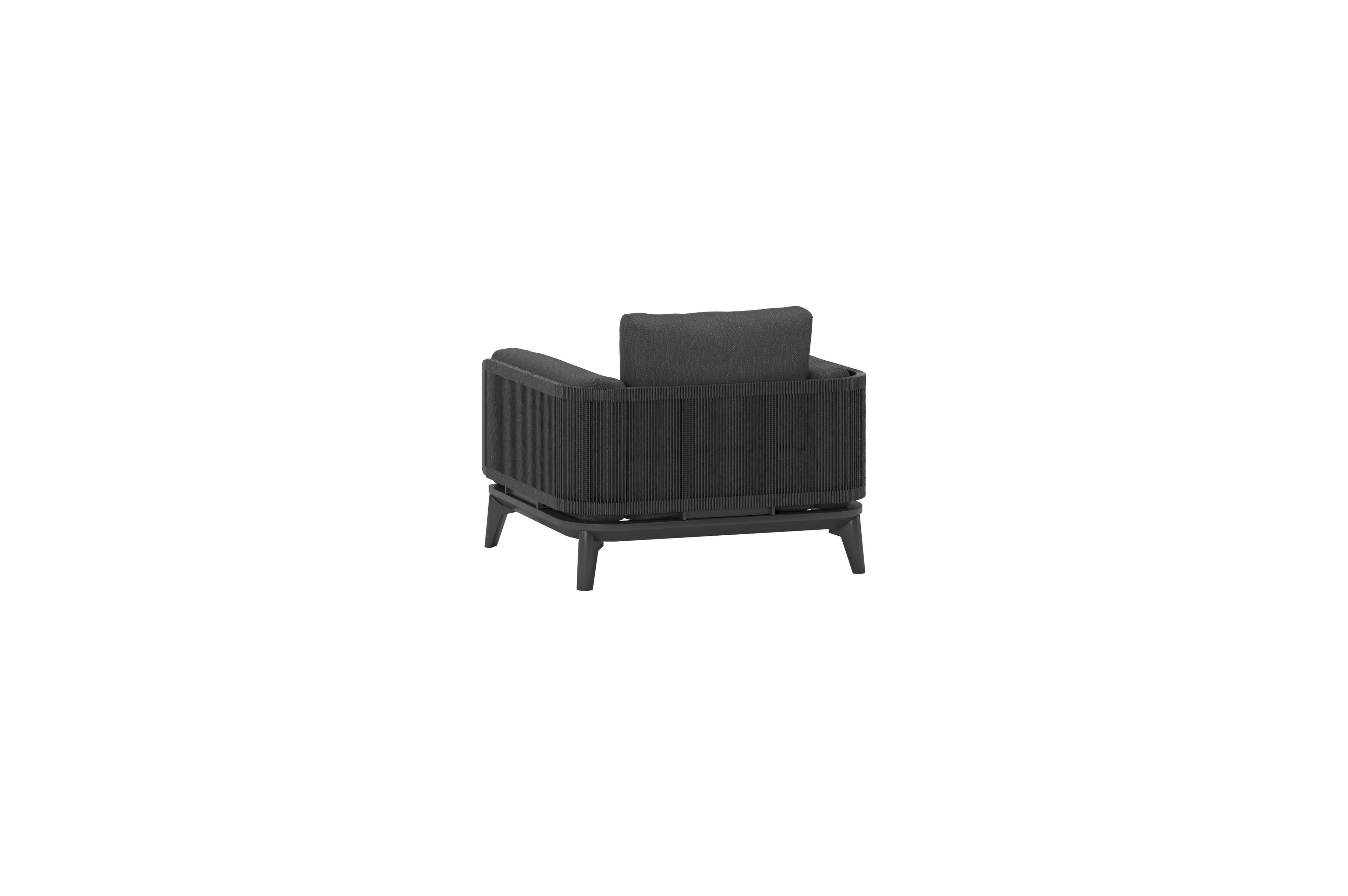 Mosa loungestoel 1-zit in zwart aluminium en zwart gedraaide ronde wicker met sky black kussen