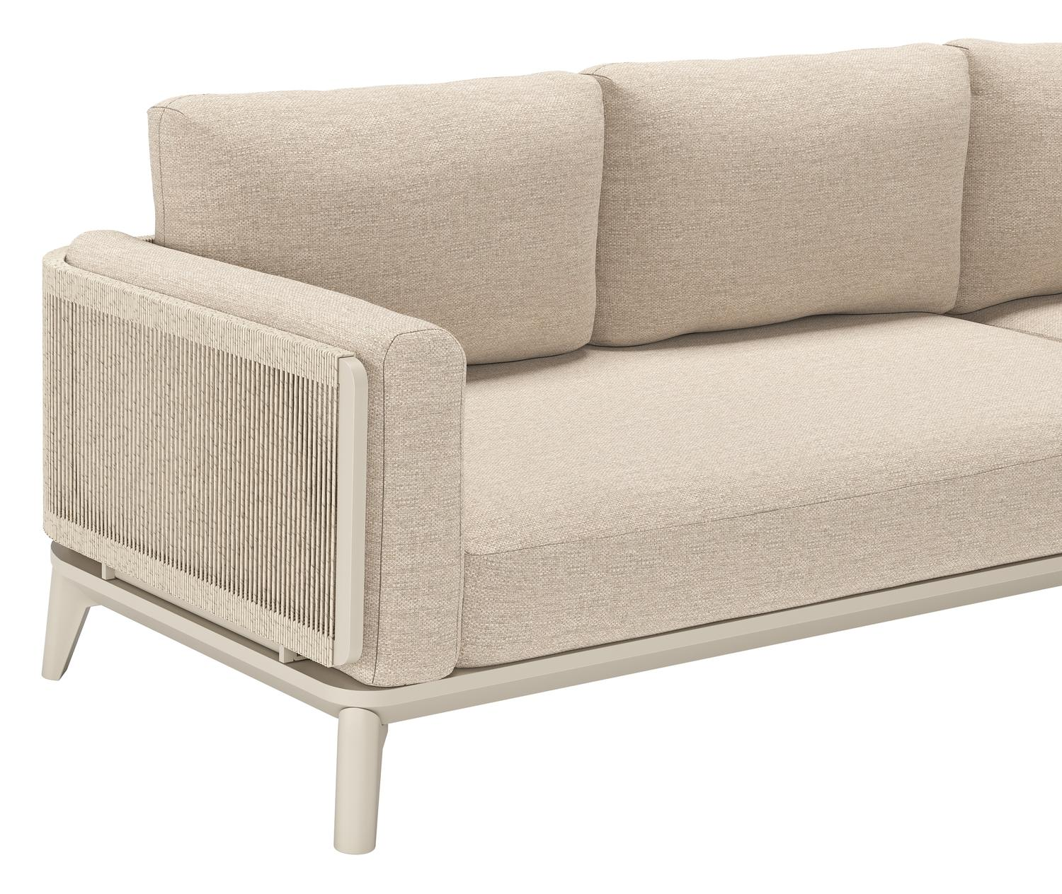 Salon de jardin d'angle Mosa en aluminium beige et résine tressée torsadée beige et coussins en weather+ softtouch rustic