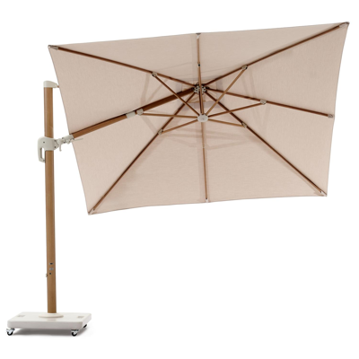 Parasol pendant Rufina avec function tilt en aluminium aspect de bois et Sunbrella Premium beige - L1 300 x L2 300 cm avec pied de parasol
