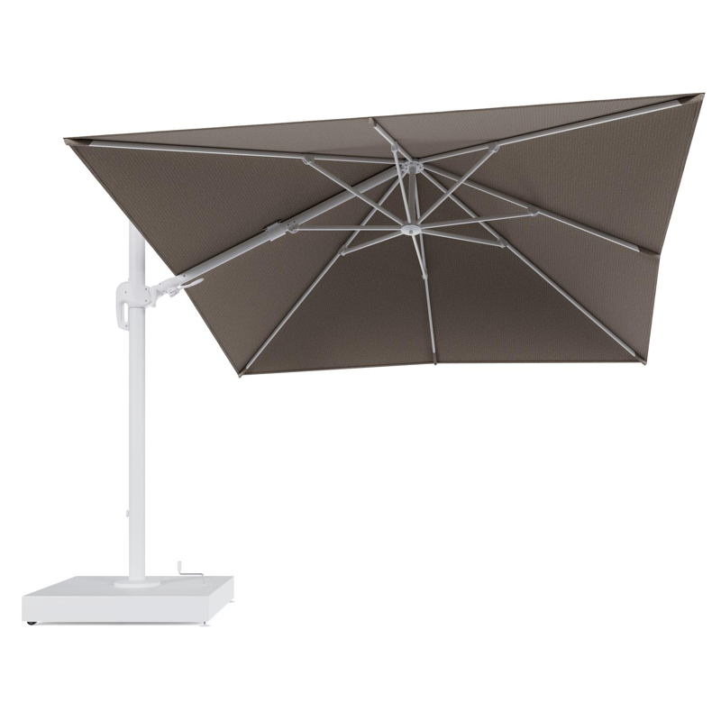 Rufina zweefparasol met tiltfunctie in wit aluminium en Firenze Earth All Weather Solica parasoldoek - L1 300 x L2 300 cm met parasolvoet Minore 260 kg met wielen