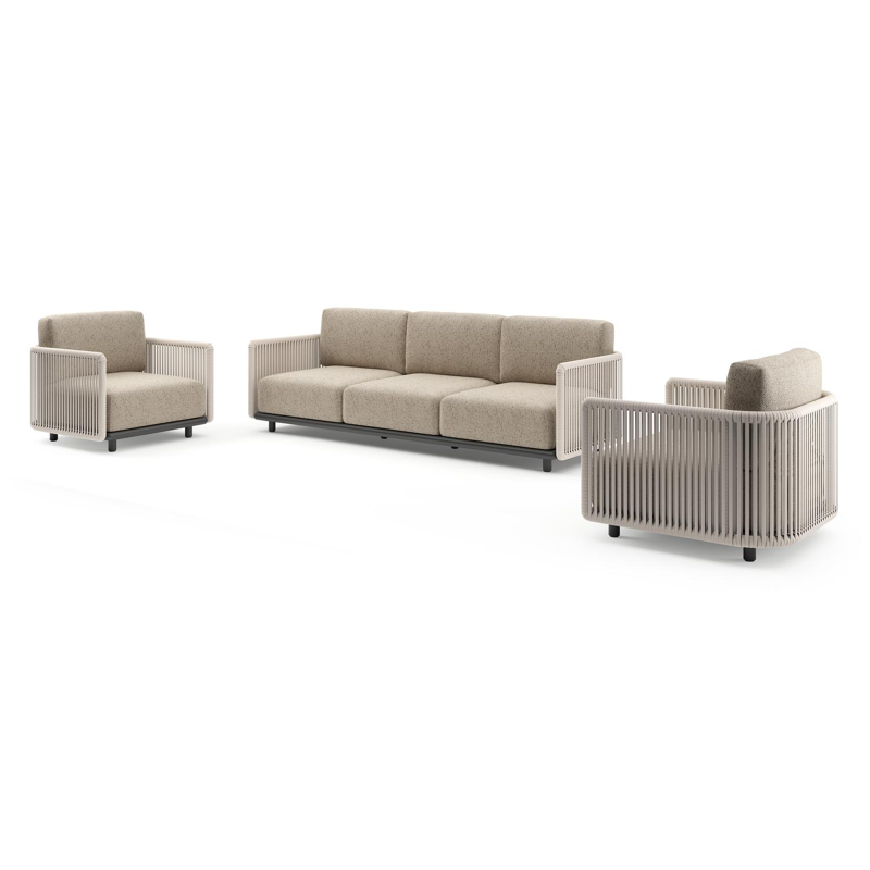 Organo loungeset in zwart aluminium en beige verticaal geweven luxe vlakke rope met bora jungle all weather Cosytica kussen