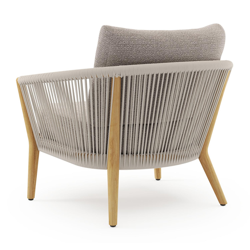 Orso loungestoel in teak en beige verticaal geweven ronde rope met Wander Granite all weather sunbrella® luxe kussen