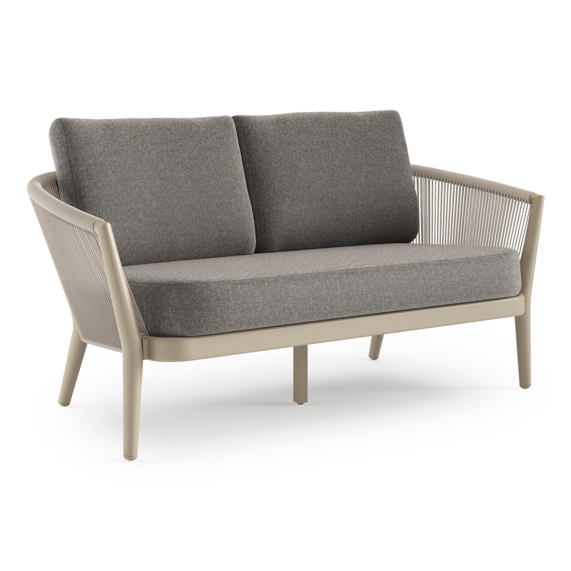 Canapé de jardin Orso en aluminium beige en corde ronde tissée verticalement beige et coussins en all weather sunbrella® luxe Chartres Drizzle