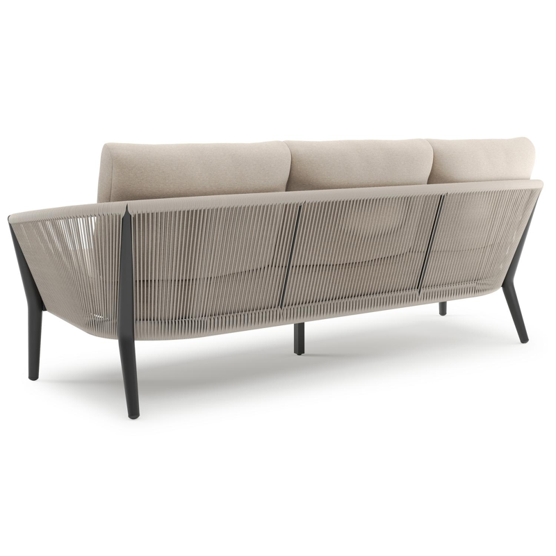 Salon de jardin Orso en aluminium noir en corde ronde tissée verticalement beige et coussins en all weather sunbrella® luxe Heritage Ash