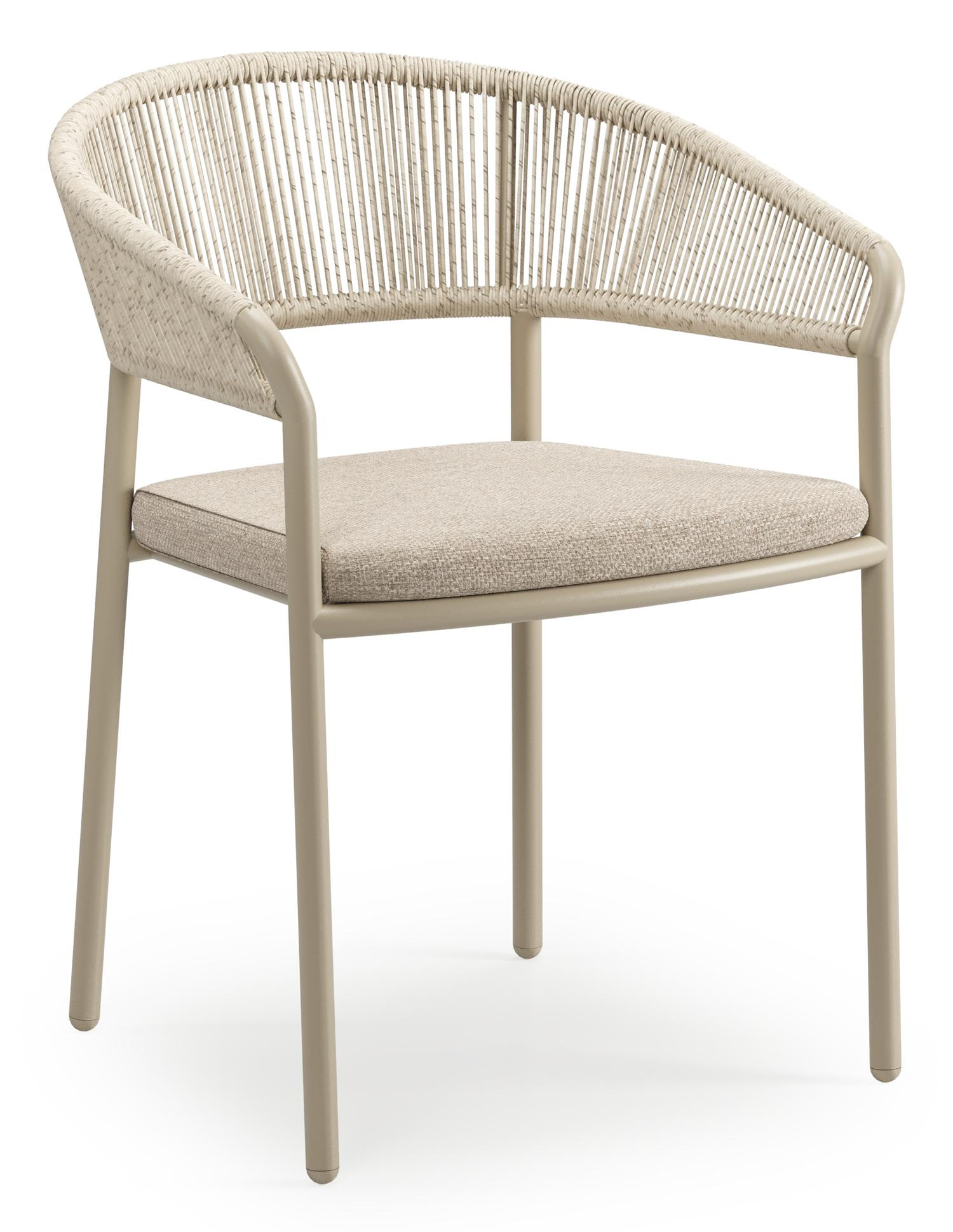 Chaise de jardin empilable Zamora en aluminium beige et corde ronde tissée verticalement beige avec coussin en Weather+ Softtouch Rustic