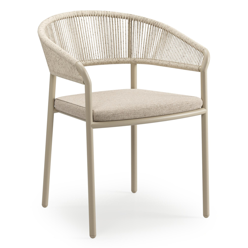 Zamora stapelbare tuinstoel in beige aluminium en beige gedraaide ronde wicker met stoelkussen in Weather+ Softtouch beige