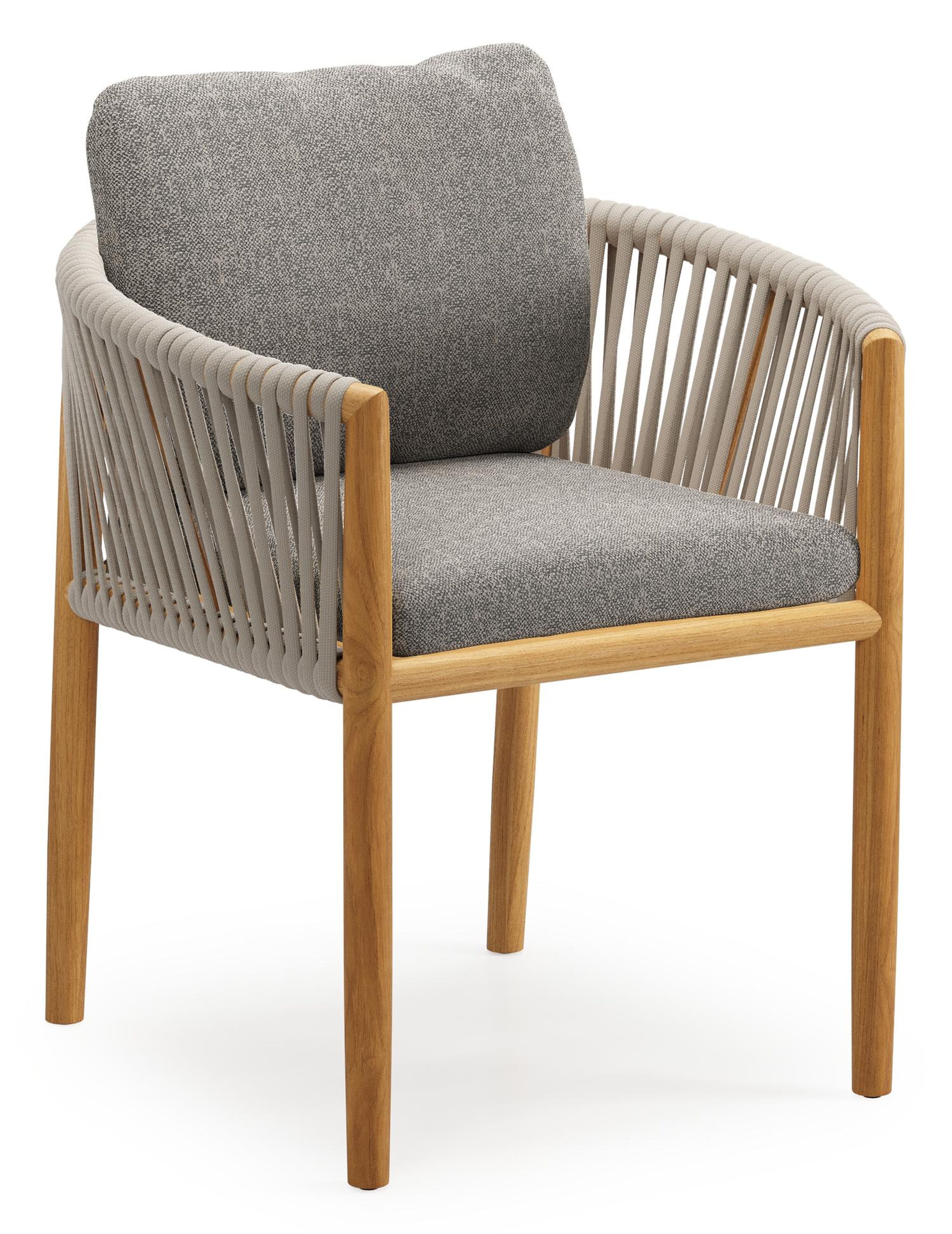 Chaise de jardin Organo en teck naturel et corde luxe plate tissée verticalement beige avec coussin en All Weather Sunbrella® Luxe Chartres Drizzle