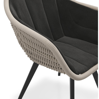 Pagino tuinstoel in zwart aluminium en beige verticaal geweven ronde rope met zitkussen in All Weather Sunbrella® Luxe Natte Sooty