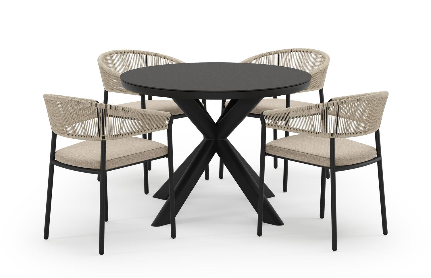 Pamplona ronde tuinset in zwart aluminium en sintered stone notte minerale met 4 Zamora tuinstoelen