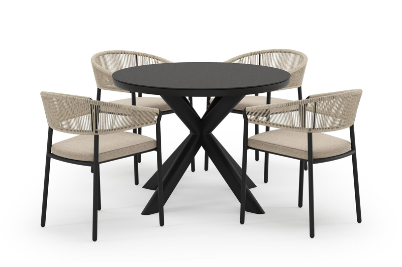 Pamplona ronde tuinset in zwart aluminium en sintered stone notte minerale met 4 Zamora tuinstoelen