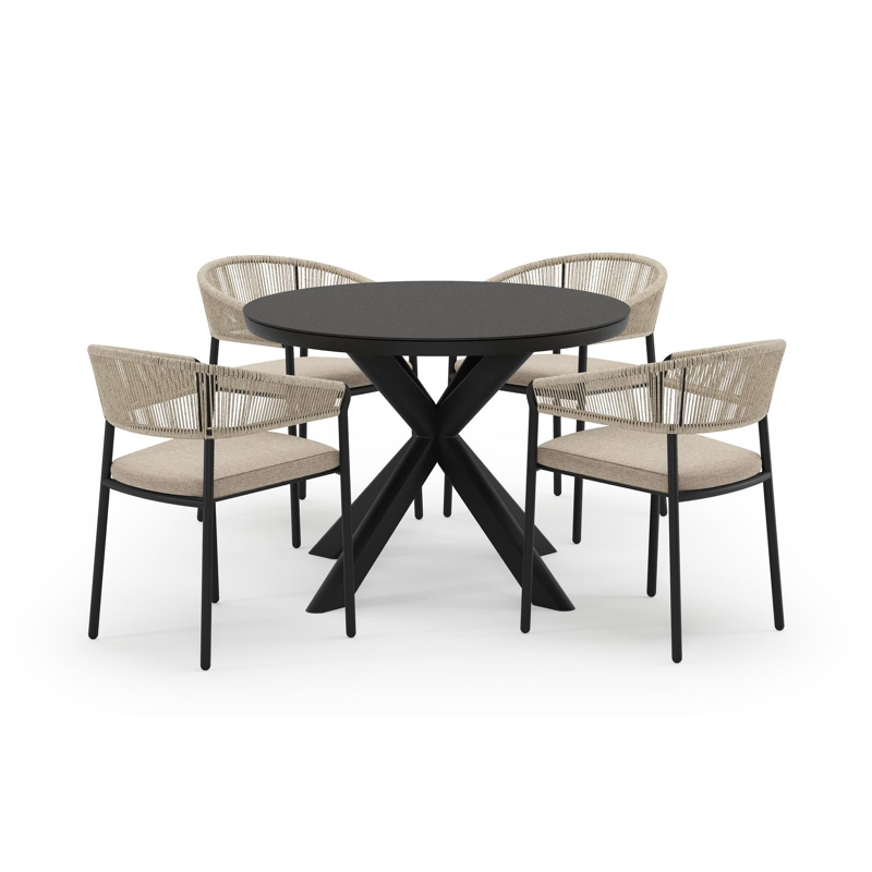 Pamplona ronde tuinset in zwart aluminium en sintered stone notte minerale met 4 Zamora tuinstoelen