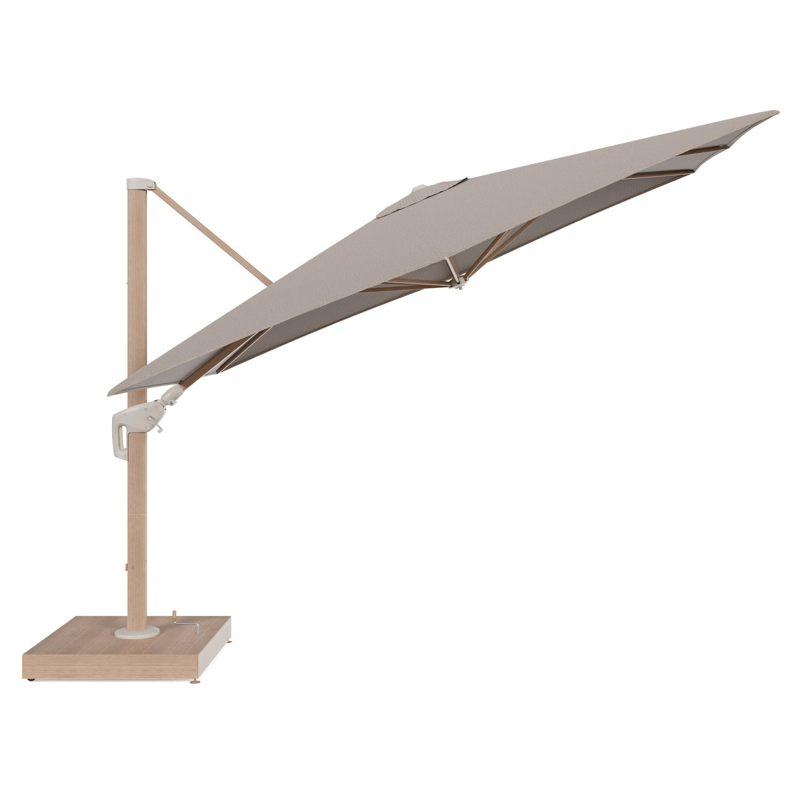 Parasol pendant Minore avec fonction tilt en aluminium aspect de bois et toile de parasol All Weather Solica Firenze Earth - Lg.1 280 Lg.2 370 cm avec pied de parasol Minore 260 kg avec roulettes