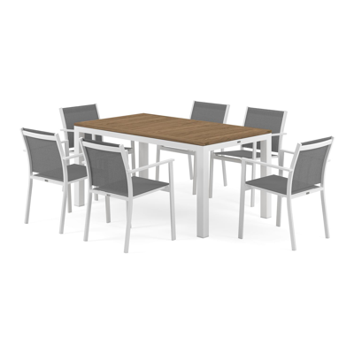 Varese tuinset in wit aluminium en naturel teak tafelblad met 6 stapelbare Bareto tuinstoelen