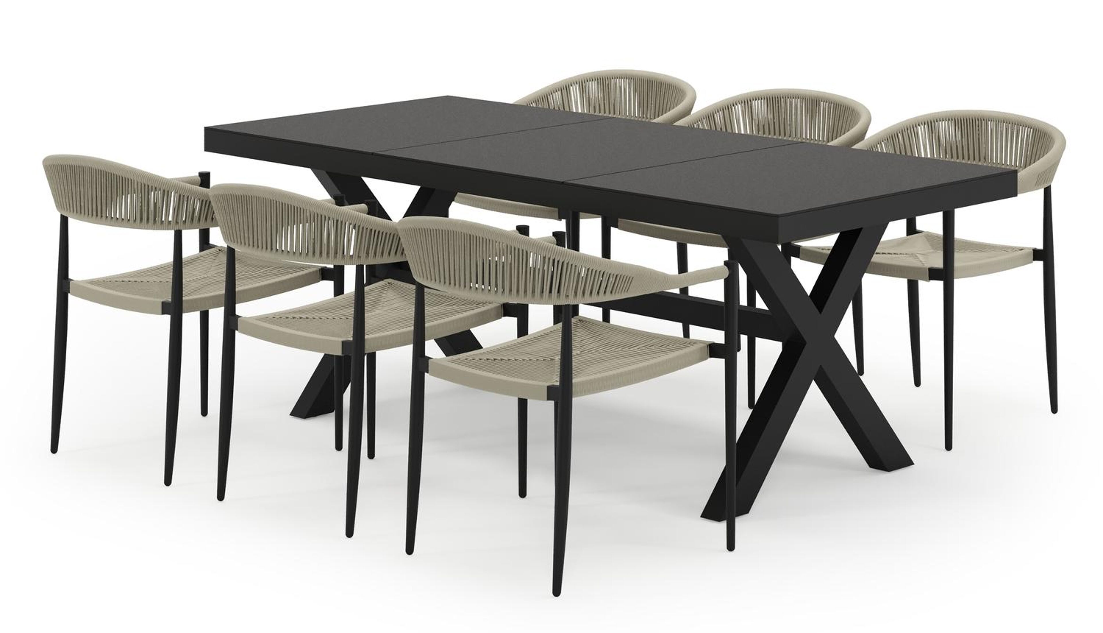 Bahia tuinset in zwart aluminium en zwart sintered stone met 6 stapelbare Guarda tuinstoelen