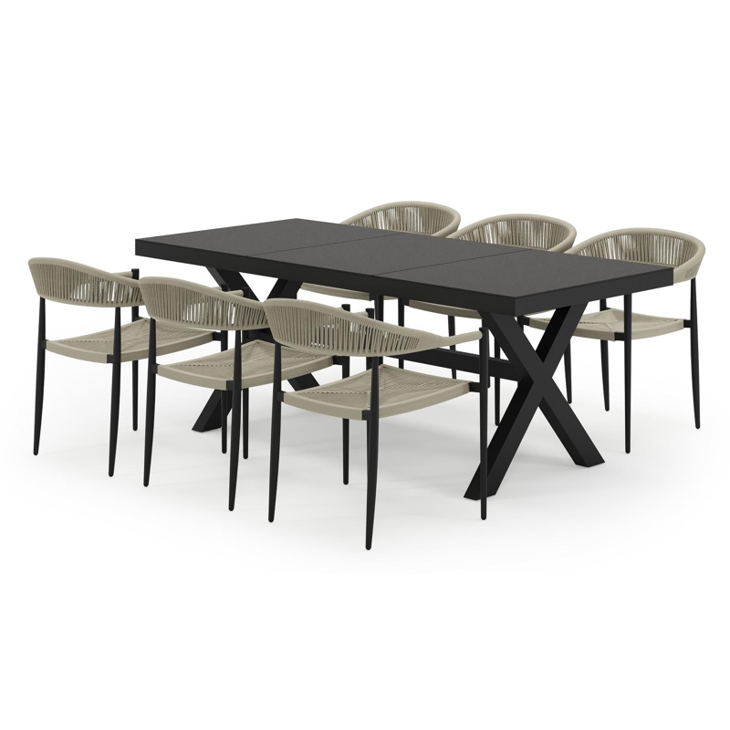 Bahia tuinset in zwart aluminium en zwart sintered stone met 6 stapelbare Guarda tuinstoelen