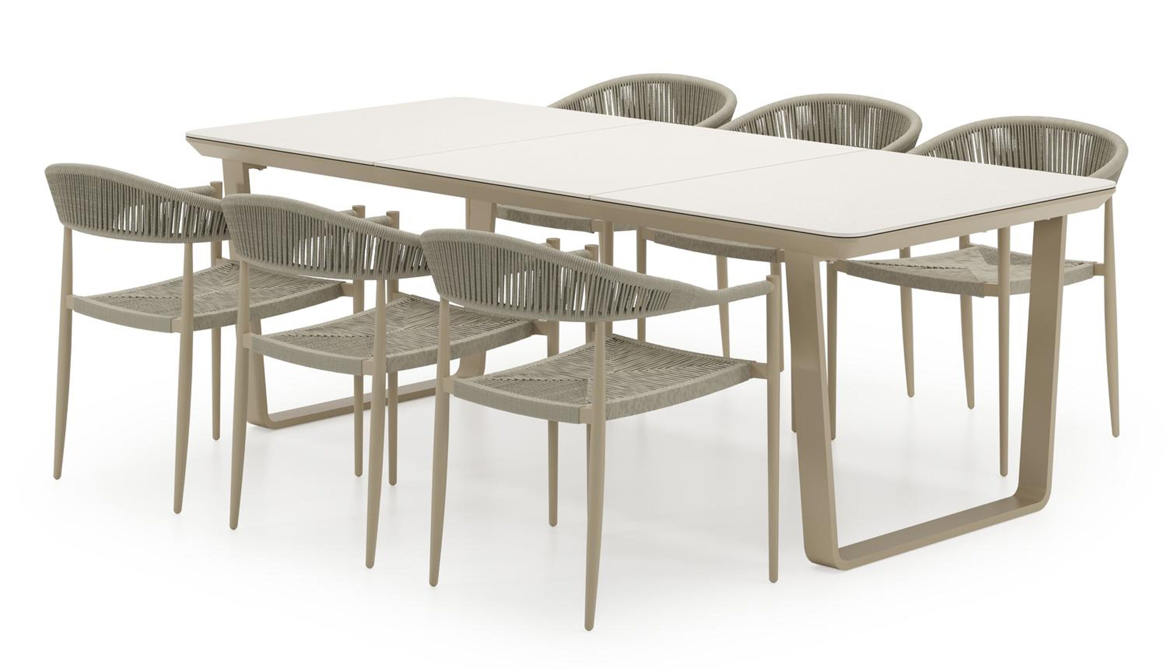 Alora tuinset in beige aluminium en beige sintered stone met 6 Guarda tuinstoelen