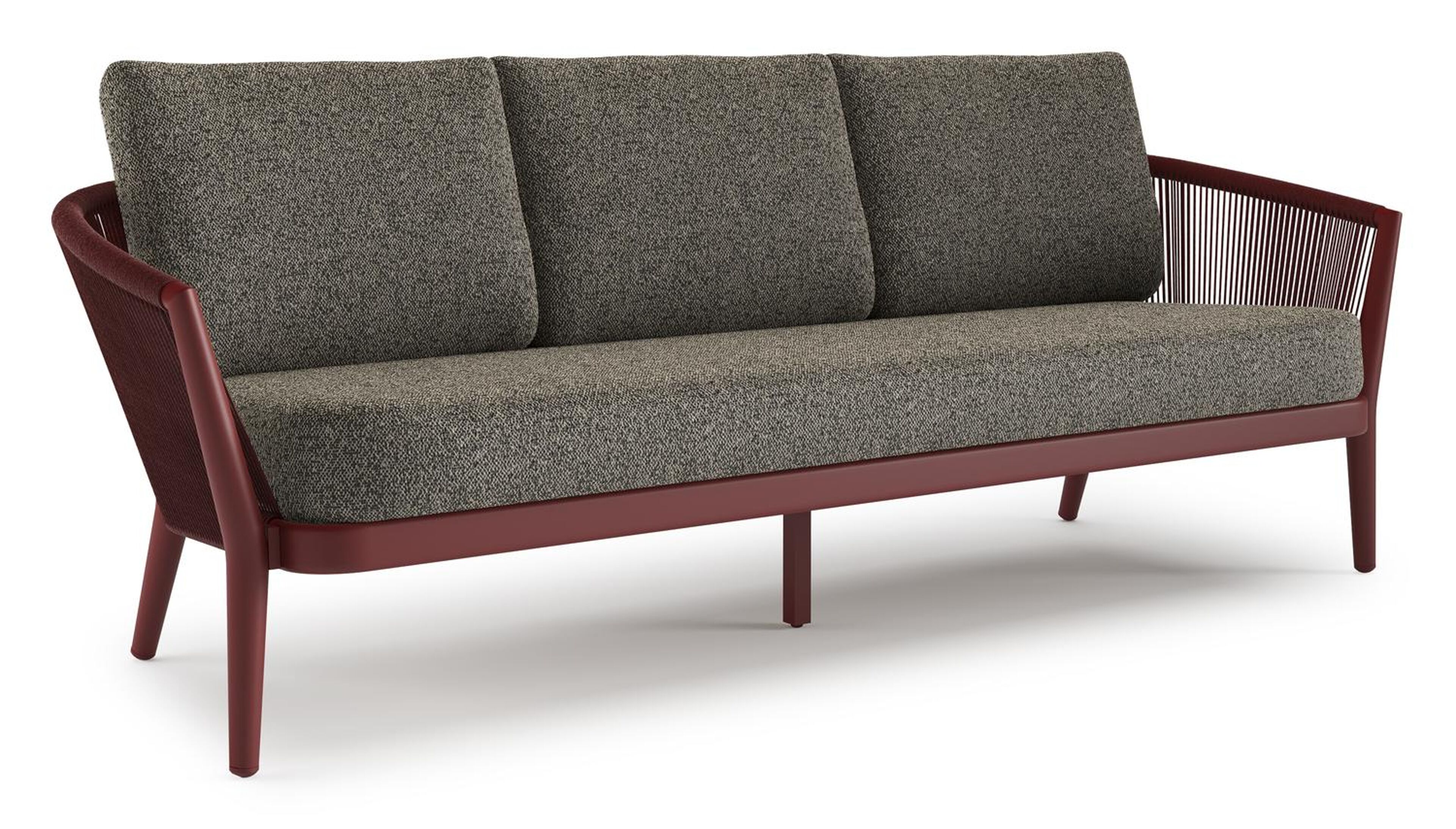 Orso loungebank in ruby aluminium en ruby verticaal geweven ronde rope met Marbella Tunder all weather cosytica kussen