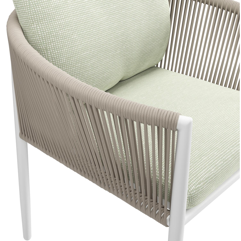 Organo tuinstoel in beige aluminium en beige verticaal geweven ronde rope met stoelkussen in All Weather Sunbrella® Luxe Slow Spirea