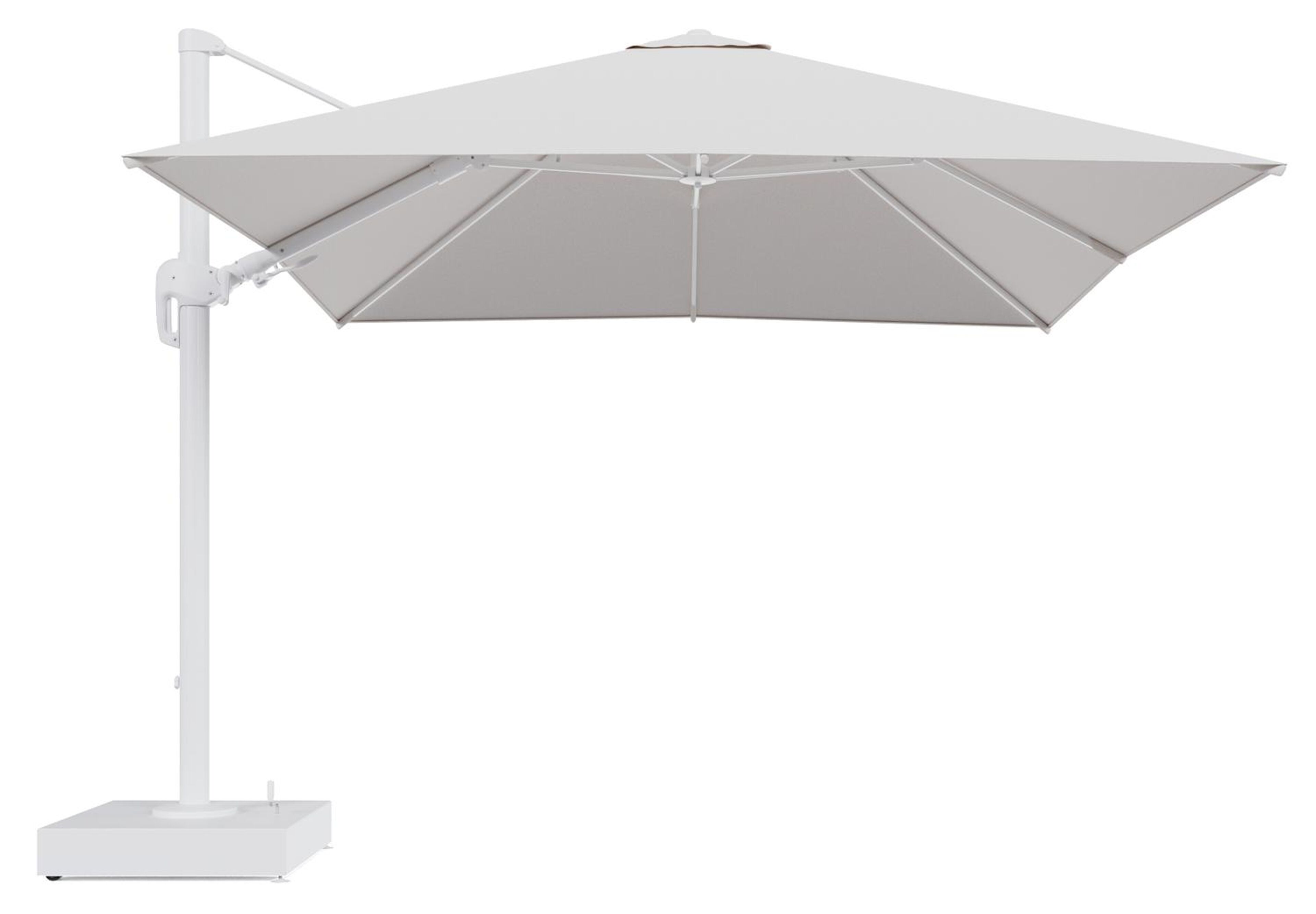Parasol pendant Rufina avec fonction tilt en aluminium blanc et toile de parasol All Weather Solica Ego Eggshell - Lg.1 300 x Lg.2 300 cm avec pied de parasol Minore 150 kg avec roulettes