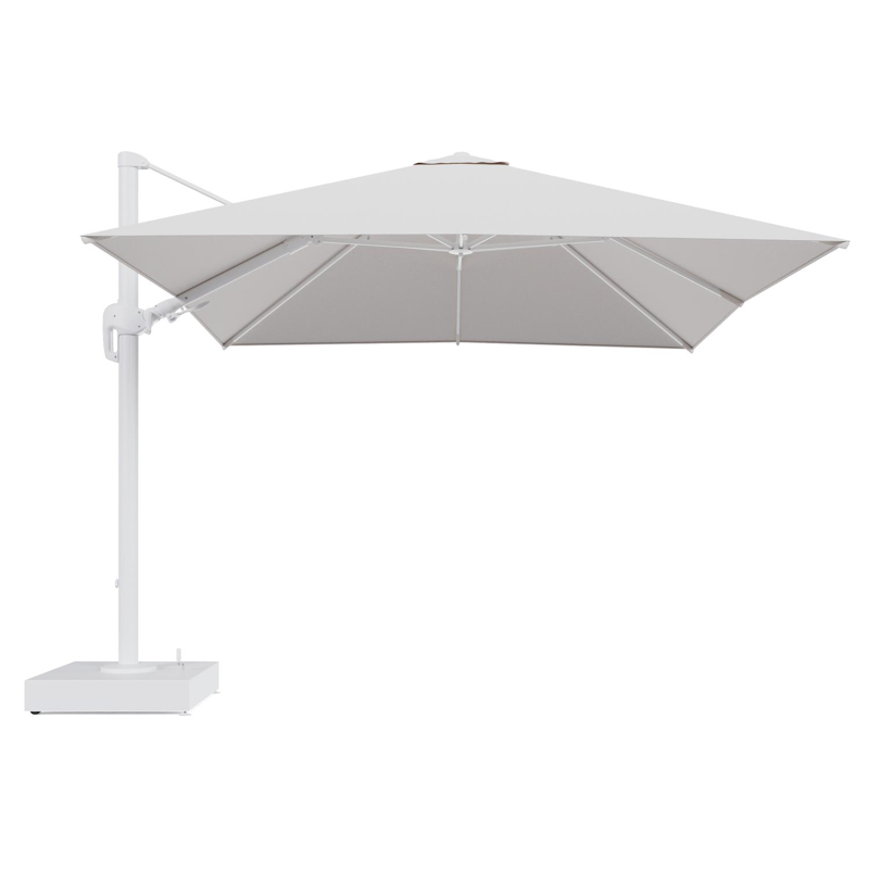 Rufina zweefparasol met tiltfunctie in wit aluminium en Ego Eggshell All Weather Solica parasoldoek - L1 300 x L2 300 cm met parasolvoet Minore 150 kg met wielen